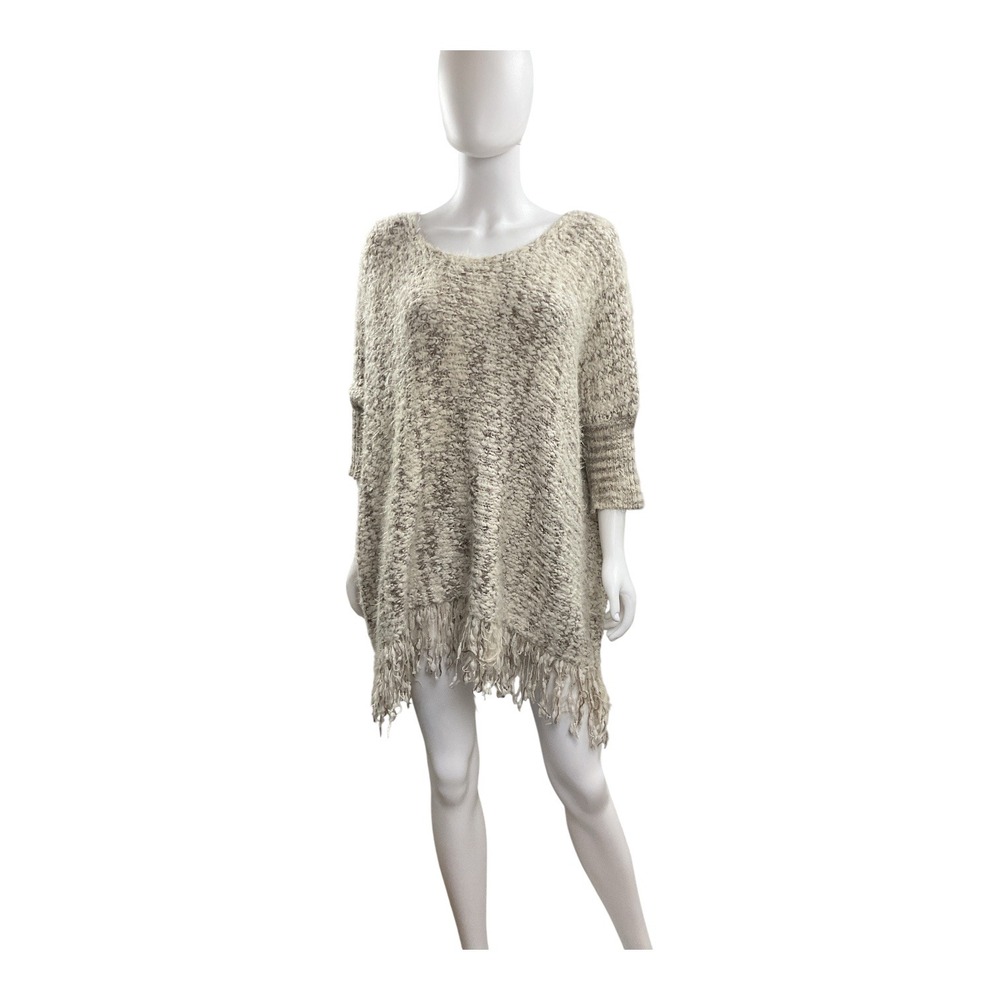 Umgee Fringe Poncho Knit Sweater Tunic Pullover Oversized Neutral Colors - Picture 7 of 12